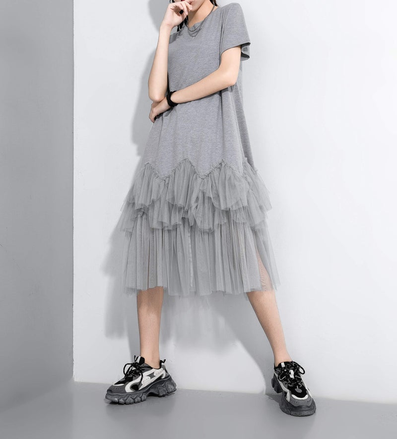 ellazhu Women's Casual Short Sleeve Crew Neck Tutu Tulle Dress with an Oversized Fit GY2266 Grey - Image 4